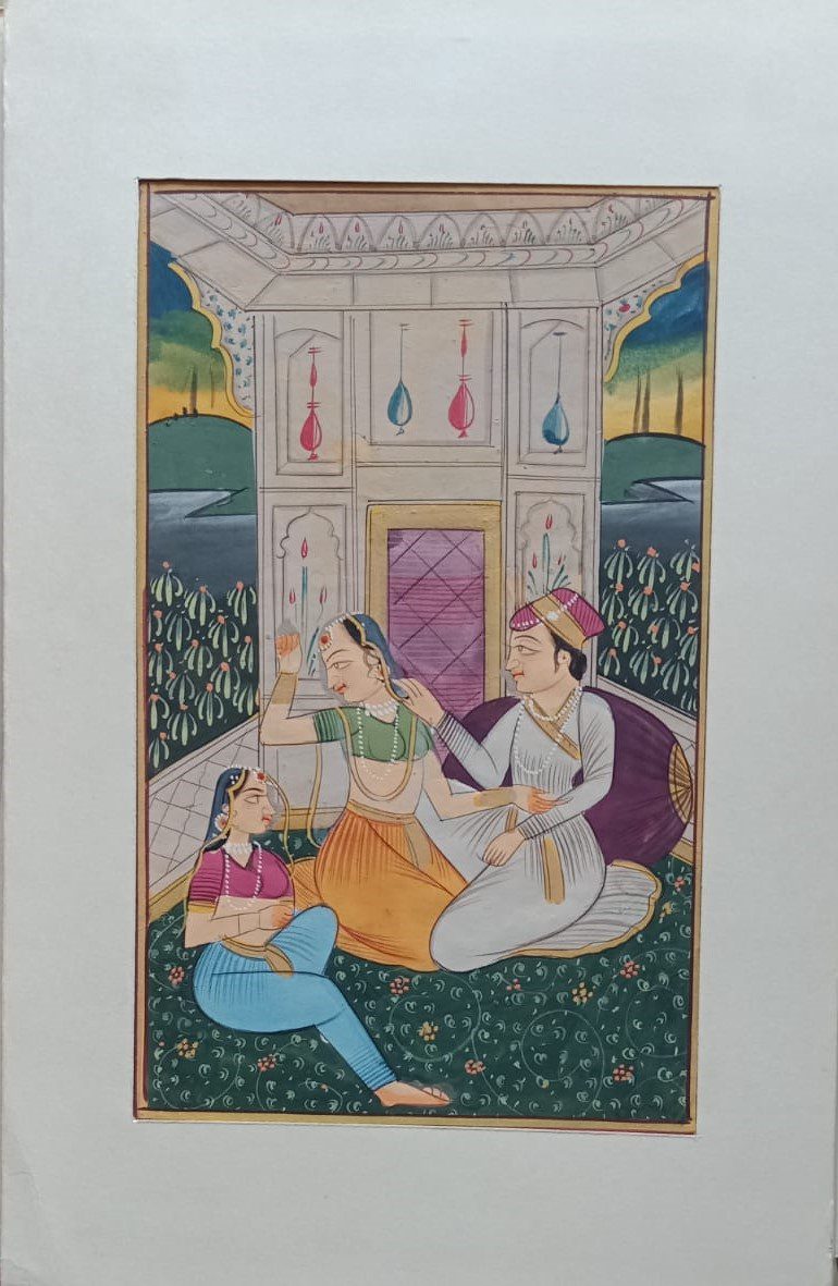 Mughal Love Scene Painting | Handmade Miniature Art on Old Paper